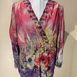 Mushkaby Sienna Rose Sheer Embroidered Blouse 1X